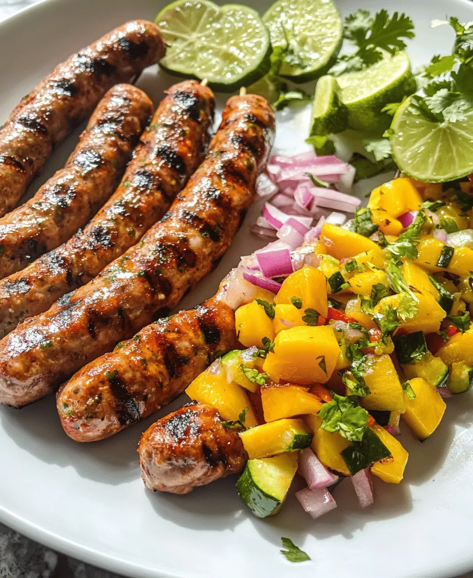 Are you looking to spice up your dinner routine with a dish that tantalizes the taste buds and brings a vibrant burst of flavor to the table? Look no further than <strong>Spicy Chicken Sausage Skewers with Mango Salsa</strong>. This recipe combines the savory heat of spicy chicken sausage with the refreshing sweetness of mango salsa, creating a delightful contrast that is sure to impress your family and friends. Featuring ground chicken, an array of spices, and fresh vegetables, this dish not only satisfies cravings but also aligns with health-conscious choices.” /></p>
</p>
<h3>Shaping the Skewers</h3>
</p>
<p>Creating the perfect chicken sausage skewers starts with shaping the sausage itself. For this recipe, you have two main options: forming sausage-shaped patties or links. If you opt for patties, simply take a portion of the seasoned chicken mixture and mold it into flat, circular shapes. For links, roll the mixture between your palms to create cylindrical shapes. Regardless of which shape you choose, the key is to ensure even sizing. Uniform patties or links will cook at the same rate, preventing some from being undercooked while others are overdone. Aim for a thickness of about ¾ inch for patties and a length of around 4-5 inches for links. This will help achieve that delightful juicy texture while ensuring thorough cooking.</p>
</p>
<h3>Grilling Techniques</h3>
</p>
<p>Once your skewers are shaped and ready, preheating the grill is a critical step that should not be overlooked. Preheating your grill to medium-high heat (about 375°F to 400°F) is essential for achieving those beautiful grill marks and ensuring a seared exterior. A well-heated grill will also help prevent the sausage from sticking and ensure even cooking.</p>
</p>
<p>When grilling your chicken sausage skewers, place them on the grill at a diagonal angle to the grates. This technique not only creates appealing grill marks but also helps with even cooking. Grill the skewers for approximately 10-12 minutes, turning them every 3-4 minutes to allow for uniform cooking on all sides. Use a food thermometer to check the internal temperature, ensuring it reaches at least 165°F for safety.</p>
</p>
<p>As you monitor the skewers, keep an eye on any flare-ups caused by dripping fat. If this occurs, move the skewers to a cooler part of the grill or reduce the heat. This will help avoid charring the outside while leaving the inside raw. The goal is to achieve a golden-brown exterior while keeping the inside juicy and flavorful.</p>
</p>
<h3>Creating the Mango Salsa</h3>
</p>
<p>A vibrant mango salsa perfectly complements the spicy chicken sausage skewers and adds a refreshing contrast. To create the salsa, begin by gathering your ingredients: ripe mangoes, red onion, jalapeño, cilantro, lime juice, and a pinch of salt. Each of these components plays a crucial role in building flavor.</p>
</p>
<h4>Combining the Ingredients</h4>
</p>
<p>1. <strong>Prepare the Mango</strong>: Peel and dice the mangoes into small cubes. The sweetness of ripe mangoes balances the spiciness of the sausage, creating a delightful flavor profile.</p>
</p>
<p>2. <strong>Chop the Vegetables</strong>: Finely chop the red onion and jalapeño. The onion adds a slight crunch and sweetness, while the jalapeño introduces heat. If you prefer a milder salsa, you can remove the seeds from the jalapeño.</p>
</p>
<p>3. <strong>Mix with Cilantro</strong>: Roughly chop the fresh cilantro and toss it into the bowl. The herb not only adds freshness but also enhances the overall flavor of the salsa.</p>
</p>
<p>4. <strong>Add Lime Juice and Salt</strong>: Squeeze fresh lime juice over the mixture and sprinkle a pinch of salt. The acidity from the lime brightens the flavors and helps meld the ingredients together. Gently stir the salsa until well combined and taste for seasoning. Adjust with more lime juice or salt as needed.</p>
</p>
<p>5. <strong>Let It Rest</strong>: Allow the salsa to sit for at least 15 minutes before serving. This resting period lets the flavors intensify and marry, resulting in a more flavorful salsa.</p>
</p>
<h3>Serving Suggestions</h3>
</p>
<p>When it comes to serving your spicy chicken sausage skewers with mango salsa, presentation can elevate the dining experience. Here are some ideas for plating and pairing:</p>
</p>
<p>– <strong>Plating</strong>: Arrange the skewers on a large platter or individual plates. Consider garnishing with fresh cilantro or lime wedges for a pop of color. Drizzle any remaining mango salsa over the skewers or serve it in a small bowl alongside for dipping.</p>
</p>
<p>– <strong>Pairing</strong>: This dish pairs beautifully with a side of cilantro-lime rice, grilled vegetables, or a fresh green salad. These sides not only complement the flavors of the skewers but also add nutritional variety to your meal.</p>
</p>
<p>– <strong>Occasions</strong>: The versatility of this dish makes it perfect for various occasions, from summer barbecues and family gatherings to casual weeknight dinners. The skewers can also be a fun and interactive dish for guests to assemble their plates as they desire.</p>
</p>
<h3>Nutritional Information</h3>
</p>
<p>Understanding the nutritional profile of your meal helps in maintaining a balanced diet. Here’s a general breakdown of the nutritional information for one serving of spicy chicken sausage skewers with mango salsa:</p>
</p>
<p>– <strong>Calories</strong>: Approximately 350-400 calories</p>
<p>– <strong>Protein</strong>: 30-35g</p>
<p>– <strong>Fat</strong>: 15-20g</p>
<p>– <strong>Carbohydrates</strong>: 20-25g</p>
</p>
<p>This recipe fits well into a balanced diet. The chicken provides lean protein essential for muscle repair and growth, while the mango salsa adds vitamins, minerals, and antioxidants. The healthy fats from any added olive oil or avocado in your sides contribute to satiety.</p>
</p>
<p>For those with dietary restrictions, consider substituting chicken sausage with turkey sausage or plant-based sausage alternatives. This allows everyone to enjoy the dish without compromising on flavor or enjoyment.</p>
</p>
<h3>Variations and Customizations</h3>
</p>
<p>One of the great things about spicy chicken sausage skewers with mango salsa is the flexibility in ingredients. Here are some suggestions for variations and customizations:</p>
</p>
<p>– <strong>Alternative Proteins</strong>: If you want to switch up the protein, turkey sausage is a great leaner alternative. For a vegetarian or vegan option, consider using plant-based sausages made from soy or pea protein.</p>
</p>
<p>– <strong>Different Vegetables</strong>: While bell peppers and zucchini are classic choices, feel free to experiment with other vegetables. Cherry tomatoes, mushrooms, or even chunks of pineapple can add different flavors and textures to your skewers.</p>
</p>
<p>– <strong>Alternative Salsas</strong>: While mango salsa is a delicious choice, you can also explore other salsas. Consider a pineapple salsa, which adds a tropical flair, or an avocado salsa for a creamy contrast. Each variation brings a unique twist to the dish.</p>
</p>
<h3>Conclusion</h3>
</p>
<p>Spicy chicken sausage skewers with mango salsa are a delightful and versatile meal that caters to various tastes and occasions. With their bold flavors, vibrant colors, and healthy ingredients, these skewers are an impressive addition to any gathering or weeknight dinner. The combination of juicy chicken sausage and refreshing mango salsa creates an unforgettable culinary experience that invites you to savor every bite.</p>
</p>
<p>We encourage you to try this recipe and explore the joy of cooking with fresh ingredients and bold flavors. Whether you’re hosting a summer barbecue or simply enjoying a meal at home, these skewers are sure to please everyone at the table. Embrace the creativity that comes with cooking, and don’t hesitate to make this dish your own with personal twists and variations. Happy cooking!</p>
<div id=