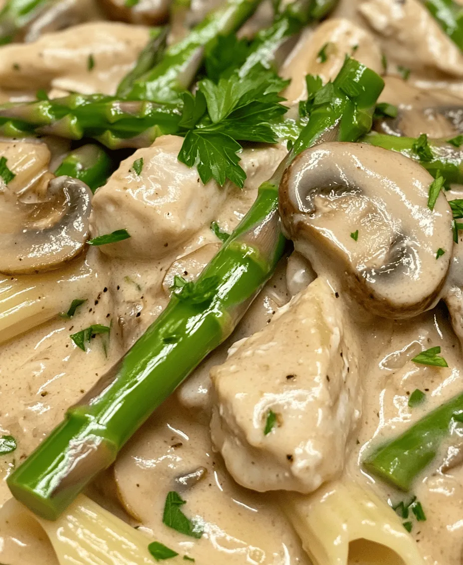 In the realm of culinary delights, creamy pasta dishes hold a special place in the hearts of many. Their rich flavors and comforting textures create a symphony of tastes that can transform any meal into a memorable experience. One such dish that epitomizes this indulgence is <strong>Creamy Mushroom and Asparagus Chicken Penne</strong>. This delightful recipe combines tender pieces of chicken, fresh asparagus, and earthy mushrooms enveloped in a velvety sauce, making it an irresistible option for a weeknight dinner or a cozy gathering with friends and family.” /></p>
</p>
<h3>Adding Vegetables</h3>
</p>
<p>To elevate the flavor profile of your Creamy Mushroom and Asparagus Chicken Penne, it’s essential to sauté the mushrooms and asparagus properly. Begin by heating a tablespoon of olive oil in a large skillet over medium heat. Once the oil shimmers, add the sliced mushrooms. It’s important not to overcrowd the pan; if you have a lot of mushrooms, consider cooking them in batches. Sauté the mushrooms for about 5 to 7 minutes, or until they turn golden brown and release their moisture. This process enhances their earthy flavor and prevents them from becoming soggy.</p>
</p>
<p>Next, add the asparagus. Depending on the thickness of your asparagus, you may need to adjust the cooking time. Typically, cook the asparagus for about 3 to 5 minutes, just until they are tender but still crisp. The vibrant green color will brighten the dish and provide a delightful crunch. Make sure to season the vegetables with a pinch of salt and pepper as they cook to build layers of flavor. Once both the mushrooms and asparagus are perfectly tender, remove them from the skillet and set them aside, allowing them to maintain their vibrant colors and textures.</p>
</p>
<h3>Making the Sauce</h3>
</p>
<p>Creating a creamy sauce that perfectly complements the chicken and pasta is the heart of this dish. In the same skillet used for the vegetables, lower the heat slightly and add 2 tablespoons of butter. Allow it to melt and become bubbly, then add minced garlic (about 3 cloves). Sauté the garlic for about a minute, just until fragrant, being careful not to let it brown.</p>
</p>
<p>Next, pour in one cup of heavy cream. For a lighter sauce, you can substitute half-and-half or even a combination of milk and Greek yogurt, but keep in mind that the texture and flavor may vary slightly. Stir the cream gently as it heats, allowing it to come to a gentle simmer.</p>
</p>
<p>To achieve the desired thickness, let the sauce simmer for about 3 to 5 minutes, stirring occasionally. If you prefer a thicker sauce, you can add a tablespoon of cornstarch or flour mixed with a splash of water to help thicken it up. For added flavor, incorporate freshly grated Parmesan cheese—about half a cup should suffice. Stir until the cheese melts completely and the sauce becomes creamy and smooth. Taste the sauce and adjust the seasoning with salt, pepper, and a pinch of nutmeg if desired, as nutmeg can enhance the creaminess of the dish.</p>
</p>
<h3>Combining Ingredients</h3>
</p>
<p>Now it’s time to bring all the elements together for a harmonious dish. Once your penne pasta is cooked al dente according to the package instructions, reserve a cup of the pasta cooking water before draining. This starchy water is a secret weapon for adjusting the sauce consistency.</p>
</p>
<p>Add the cooked pasta directly to the skillet with the creamy sauce. Toss the pasta gently to coat it evenly. If the sauce appears too thick, gradually mix in some reserved pasta water until you achieve the desired consistency. Fold in the sautéed mushrooms and asparagus, ensuring that every piece of pasta is enveloped in the creamy goodness. Cook everything together for an additional minute, allowing the flavors to meld beautifully.</p>
</p>
<h3>Garnishing and Serving</h3>
</p>
<p>Presentation is key when serving Creamy Mushroom and Asparagus Chicken Penne. To finish the dish, garnish with freshly chopped parsley to add a pop of color and a hint of freshness. Sprinkle some additional grated Parmesan cheese on top for an extra layer of flavor. Serve the pasta immediately while it’s still warm, and consider offering extra cheese and cracked black pepper at the table for guests to customize their plates.</p>
</p>
<h3>Nutritional Information</h3>
</p>
<p>Understanding the nutritional content of your meal is crucial, especially for health-conscious individuals. A serving of Creamy Mushroom and Asparagus Chicken Penne (approximately one and a half cups) contains:</p>
</p>
<p>– <strong>Calories</strong>: 600-700 calories, depending on the specific ingredients used</p>
<p>– <strong>Protein</strong>: 30-35 grams, primarily from chicken and cheese</p>
<p>– <strong>Carbohydrates</strong>: 60-70 grams, mainly from the penne pasta</p>
<p>– <strong>Fats</strong>: 25-30 grams, from the cream and butter</p>
<p>– <strong>Vitamins and Minerals</strong>: This dish is a good source of Vitamin A (from asparagus), Vitamin D (from cheese), and Calcium (from cream and cheese). Additionally, it provides essential nutrients from the mushrooms, which are rich in B vitamins and antioxidants.</p>
</p>
<p>This nutritional breakdown makes it clear that while the dish is indulgent, it also offers a balanced meal with protein, healthy fats, and essential vitamins.</p>
</p>
<h3>Cooking Tips for Perfecting the Dish</h3>
</p>
<p>1. <strong>Selecting Fresh Ingredients</strong>: Choose firm, plump mushrooms, avoiding any that appear slimy or discolored. For asparagus, look for bright green stalks with tightly closed tips.</p>
</p>
<p>2. <strong>Adjusting Creaminess</strong>: If you prefer a lighter sauce, opt for half-and-half instead of heavy cream. For those who enjoy a rich taste, adding more cheese can enhance the overall flavor.</p>
</p>
<p>3. <strong>Dietary Substitutions</strong>: If you’re aiming for gluten-free, substitute regular penne with gluten-free pasta made from rice, quinoa, or lentils. For a vegetarian option, replace the chicken with chickpeas or additional vegetables, and use vegetable broth instead of chicken.</p>
</p>
<h3>Serving Suggestions and Pairings</h3>
</p>
<p>To complement your Creamy Mushroom and Asparagus Chicken Penne, consider serving it with:</p>
</p>
<p>– <strong>Side Dishes</strong>: A simple side salad with mixed greens, cherry tomatoes, and a light vinaigrette works well. Garlic bread or a crusty baguette can also be delightful for soaking up the creamy sauce.</p>
</p>
<p>– <strong>Beverage Pairings</strong>: A crisp white wine, such as Sauvignon Blanc or Pinot Grigio, pairs beautifully with the creamy flavors of the dish. For non-alcoholic options, a sparkling water with a wedge of lemon can refresh your palate.</p>
</p>
<p>– <strong>Leftover Ideas</strong>: If you have leftovers, transform them into a baked pasta dish. Simply place the pasta in a baking dish, sprinkle with extra cheese, and bake until bubbly. Alternatively, consider adding it to a frittata or as a filling for stuffed peppers for a creative twist.</p>
</p>
<h3>Conclusion: Relishing Creamy Mushroom and Asparagus Chicken Penne</h3>
</p>
<p>Creamy Mushroom and Asparagus Chicken Penne is a dish that embodies comfort and satisfaction, making it suitable for family dinners, special occasions, or a cozy night in. With its rich, creamy sauce, tender chicken, and vibrant vegetables, it not only pleases the palate but also offers a delightful balance of textures and flavors. The ease of preparation means it’s perfect for cooks of all skill levels, allowing everyone to embrace the joy of home-cooked meals.</p>
</p>
<p>Encourage your friends and family to embrace this recipe as a staple in their culinary repertoire. The versatility of this dish ensures it can be enjoyed in various forms, while the delightful combination of ingredients is sure to become a favorite. Whether it’s a busy weeknight or a special gathering, Creamy Mushroom and Asparagus Chicken Penne promises to deliver warmth and comfort with every bite.</p>
<div id=