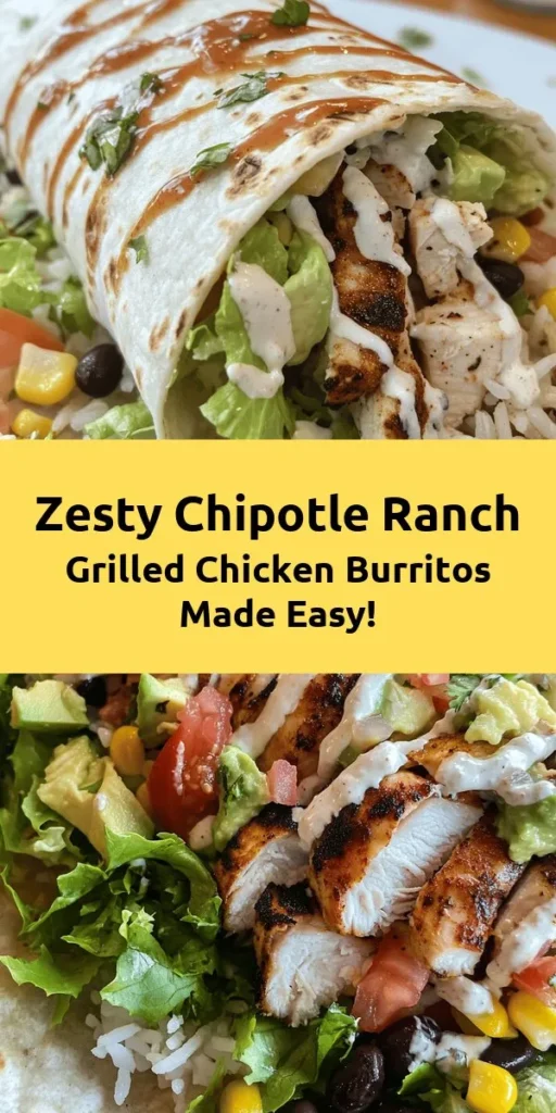 Indulge in these Easy Chipotle Ranch Grilled Chicken Burritos that are packed with flavor and sure to satisfy! Perfect for a weeknight dinner, these burritos feature marinated grilled chicken, a hearty mix of rice, black beans, and corn, all wrapped in warm tortillas. Top them off with fresh avocado, tomatoes, and a drizzle of zesty Chipotle Ranch dressing for an irresistible meal. Quick to make and family-approved, they’re a delicious twist on traditional burritos!