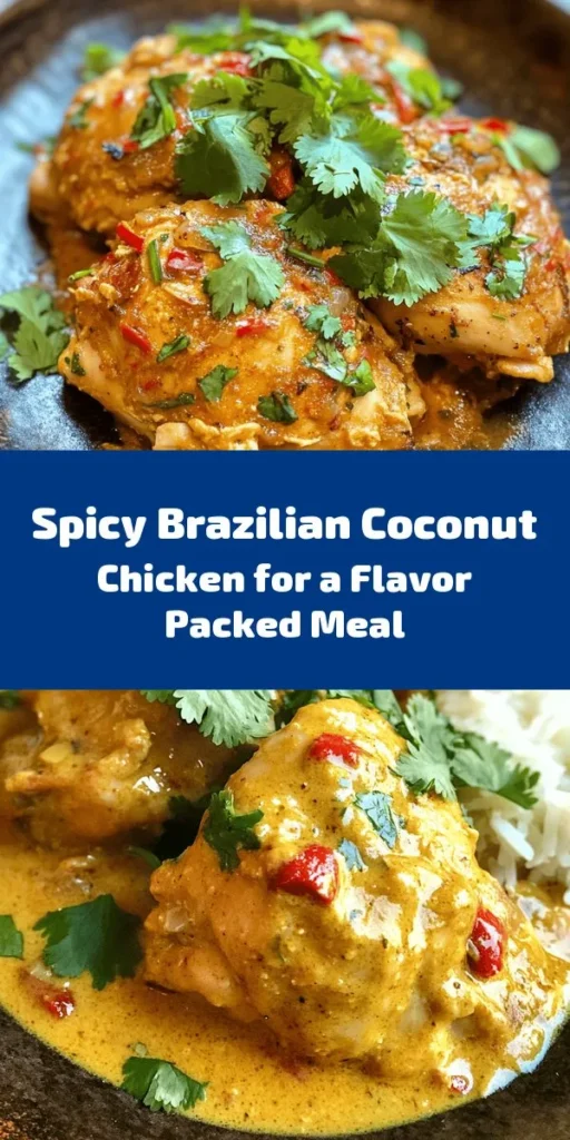 Indulge in the vibrant flavors of Brazil with this Sizzling Spicy Brazilian Coconut Chicken! Juicy marinated chicken thighs simmer in a rich coconut milk sauce, layered with aromatic spices and a kick of heat from red chilies. Perfectly cooked and garnished with fresh cilantro, this dish pairs beautifully with rice or warm bread. Easy to prepare and bursting with flavor, it's a delightful meal to spice up your dinner routine!