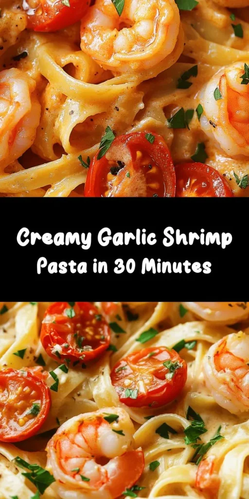 Indulge in this creamy garlic shrimp pasta that's sure to impress! With tender fettuccine, succulent shrimp, and a rich garlic sauce, it's a perfect weeknight dinner. Simply sauté shrimp, create a creamy garlic sauce with chicken broth and Parmesan, then toss everything together for a scrumptious meal. Ready in just 30 minutes, this dish combines flavors and freshness with cherry tomatoes and parsley. Dive into deliciousness today!