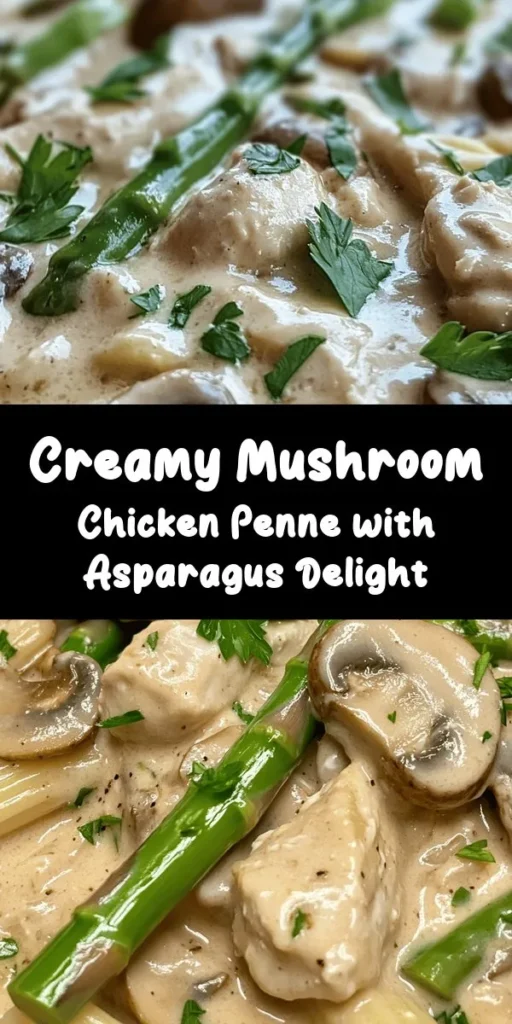 Indulge in this creamy mushroom and asparagus chicken penne that's perfect for a weeknight dinner! With tender chicken simmered in a rich garlic cream sauce and paired with fresh veggies, this dish is bursting with flavor. It’s quick to make, taking just 30 minutes from prep to plate, and serves four. Perfect for impressing guests or enjoying a cozy meal at home. Don’t forget the fresh parsley garnish for that extra touch! 🍄🍝