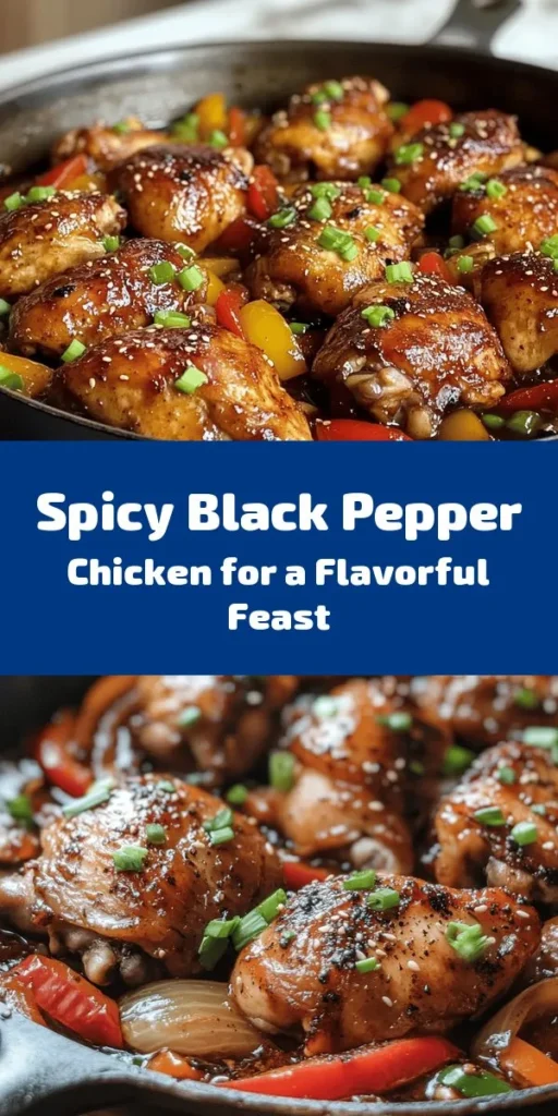 Indulge in the bold flavors of Spicy Black Pepper Chicken Delight! This dish features tender bite-sized chicken thighs marinated with soy and oyster sauces, combined with vibrant bell peppers and onions. Coated in a rich blend of black pepper and spices, it's perfect for a quick weeknight dinner. Ready in just an hour, this recipe serves four and is guaranteed to impress. Don't forget to garnish with fresh spring onions for an extra pop of flavor! 🌶️🐔