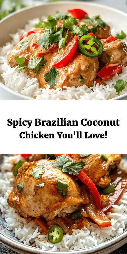 Spice up your dinner with this mouthwatering Spicy Brazilian Coconut Chicken! Featuring tender chicken thighs cooked in a rich coconut milk sauce with vibrant bell peppers, jalapeños, and aromatic spices, this dish is packed with flavor. Easy to prepare and perfect over a bed of rice, it’s a delightful fusion of Brazilian tastes. Ready in just an hour, this recipe is sure to impress your family and friends. Garnish with fresh cilantro for a pop of color!