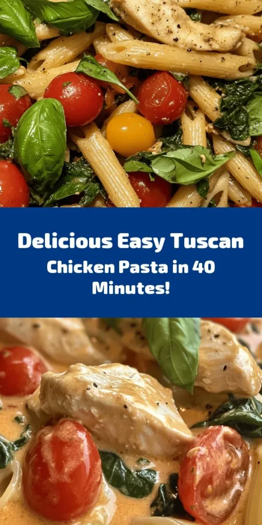 Indulge in this Easy Tuscan Chicken Pasta Delight, a creamy and flavorful dish that's perfect for weeknight dinners! Made with tender chicken, fresh spinach, and cherry tomatoes, all tossed with penne pasta and a rich Parmesan sauce, this recipe is sure to impress. Ready in just 40 minutes, it's simple enough for beginners yet satisfying for everyone. Garnish with fresh basil for an extra touch. Enjoy a taste of Tuscany at home!