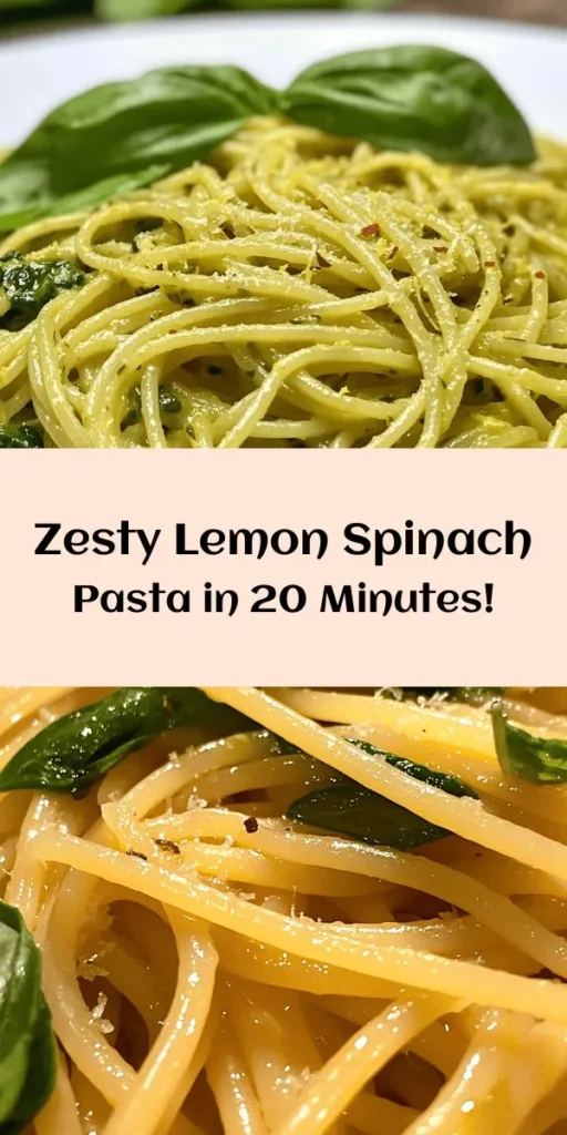 Enjoy a burst of flavor with this Lemon Spinach Pasta! This quick and easy recipe combines al dente spaghetti or linguine with sautéed garlic and fresh spinach, all tossed in a zesty lemon sauce. Finished with Parmesan cheese and a sprinkle of red pepper flakes for a bit of heat, it’s the perfect light dish for any occasion. Serve it up with fresh basil for a delightful presentation. Perfect for a weeknight dinner or a special occasion!