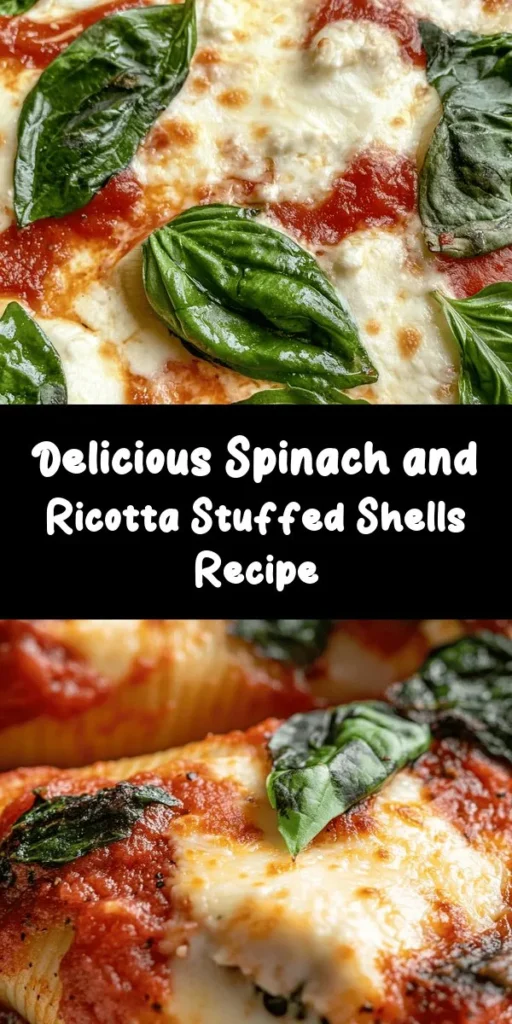 Indulge in these easy spinach and ricotta stuffed shells for a comforting meal that's perfect any night of the week! Packed with fresh spinach, creamy ricotta, and a touch of Italian seasoning, these jumbo pasta shells are a delightful treat. Layered with marinara sauce and topped with gooey mozzarella, they bake up perfectly golden and bubbly. Quick to prepare and sure to impress, this dish is a family favorite. Enjoy with fresh basil for an extra burst of flavor!