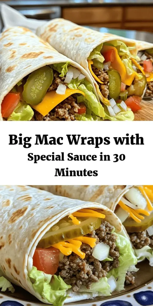 Create a delicious homemade twist on the classic Big Mac with these Big Mac Wraps! Packed with seasoned ground beef, melted cheddar cheese, fresh lettuce, tomatoes, pickles, and onions, all drizzled with a special sauce that takes it to the next level. Perfect for a quick lunch or dinner, these wraps are easy to make and full of flavor. Grill for an extra crispy finish and serve them warm with more special sauce for dipping. Enjoy!