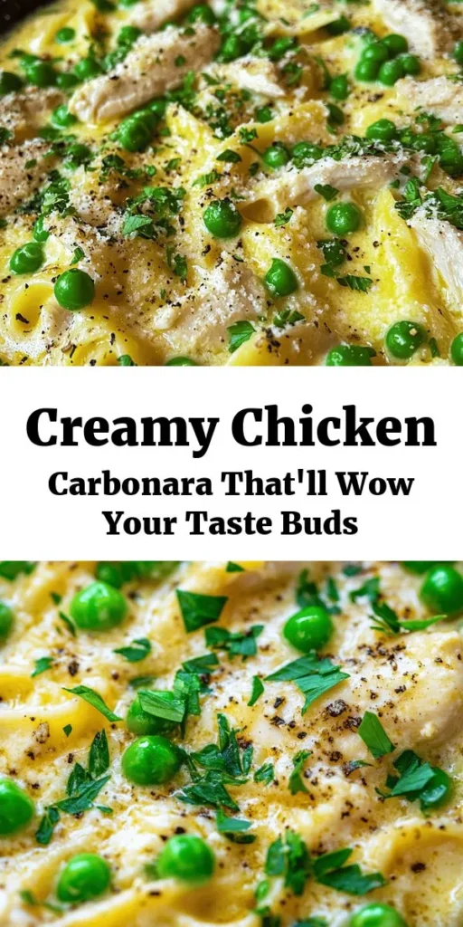 Dive into a plate of creamy goodness with this Best-Ever Chicken Carbonara! Perfect for a cozy dinner, this dish combines tender chicken, spaghetti, and a rich sauce made with eggs, Parmesan cheese, and heavy cream. Toss in some garlic and peas for extra flavor and color. With a quick prep time of just 15 minutes, you can whip up this delightful meal in under 30 minutes. Don’t forget to garnish with fresh parsley and extra cheese for the perfect finishing touch!