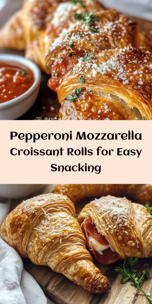 Indulge in these delicious Mozzarella Pepperoni Croissant Rolls that are perfect for any snack or appetizer! With just a few ingredients like crescent roll dough, mozzarella cheese, and pepperoni, these tasty treats come together in no time. Simply fill, roll, and bake for golden, cheesy perfection. Serve them warm with marinara sauce for dipping. Easy to make and even better to eat, these rolls will be a hit at your next gathering!