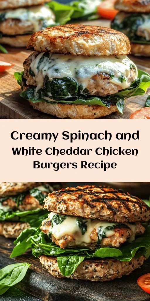 Get ready to elevate your burger game with these Creamy White Cheddar & Spinach Chicken Burgers! Packed with fresh spinach and gooey white cheddar, these juicy chicken patties are easy to make and full of flavor. Whether you grill or pan-fry, they cook up perfectly in just 30 minutes. Serve on whole wheat buns with your favorite toppings for a delicious, healthier twist on a classic. Perfect for weeknight dinners or weekend BBQs!