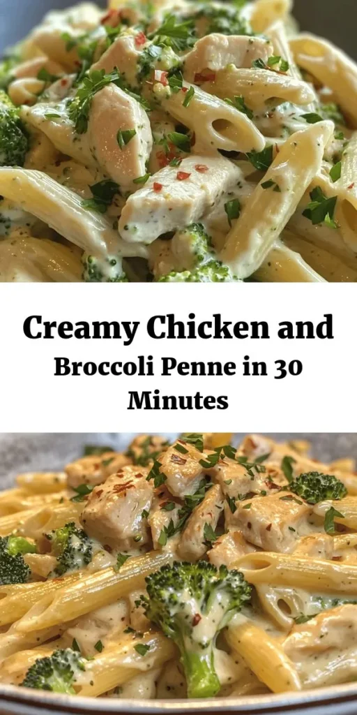 Indulge in this creamy broccoli and chicken penne that's perfect for a weeknight dinner! With tender chicken, vibrant broccoli, and a rich, cheesy sauce, it's sure to become a family favorite. In just 30 minutes, you'll have a delicious meal that combines the wholesome goodness of veggies with pasta. Garnished with fresh parsley and optional red pepper flakes for a hint of spice, this dish is both comforting and satisfying. Try it tonight!