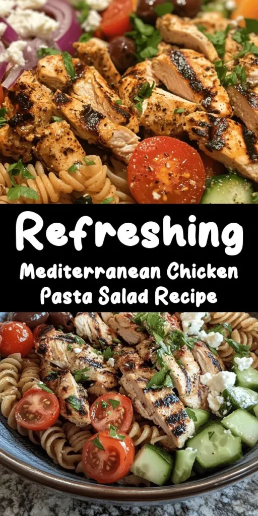 Zesty and satisfying, this Mediterranean Chicken Pasta Salad is perfect for a light lunch or dinner! Made with whole wheat pasta, grilled chicken, fresh vegetables, Kalamata olives, and crumbled feta, it's a delicious way to enjoy healthy ingredients. Tossed in a simple homemade dressing, this salad is best served chilled, making it ideal for meal prep or picnics. Get ready to delight your taste buds with this vibrant dish full of Mediterranean flavors!