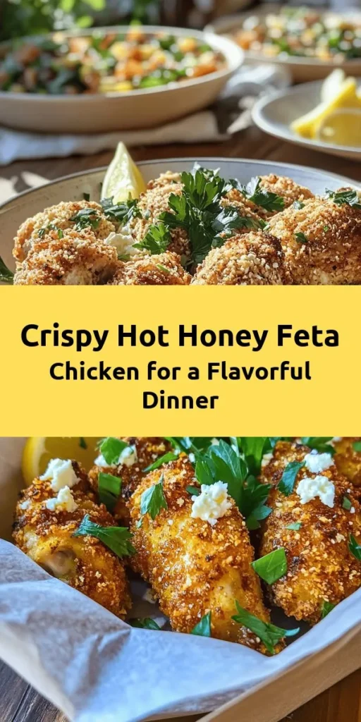 Bring flavor to your dinner table with this Crispy Hot Honey Feta Chicken recipe! Juicy chicken thighs are coated in a crunchy panko crust and baked to perfection. The creamy hot honey feta drizzle adds a sweet and spicy kick that elevates the dish. With just a few simple ingredients and easy steps, you'll have a delightful meal ready in under an hour. Perfect for any occasion, this dish pairs beautifully with fresh lemon wedges for a pop of zest!