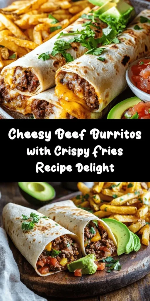 Savor the flavors of cheesy beef burritos served with crispy fries! This delicious recipe features ground beef, onion, garlic, and salsa, all wrapped in flour tortillas with plenty of melted cheddar cheese. Bake up some homemade crispy fries for the perfect side. Top your burritos with sour cream, avocado slices, and fresh cilantro for an extra touch. Ready in just an hour, this meal is perfect for gatherings or family dinners. Enjoy!