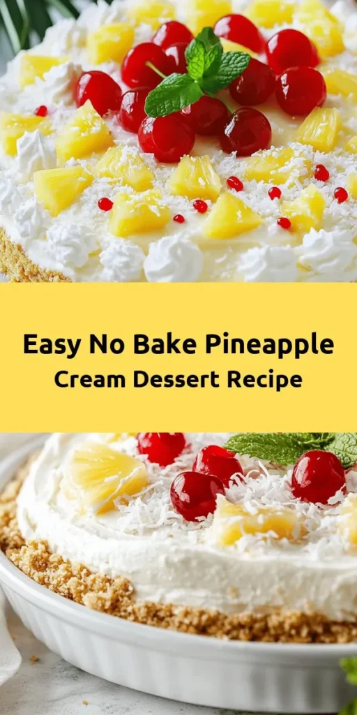 Treat yourself to this delightful No Bake Pineapple Cream Dessert! Perfect for warm days, this simple recipe combines creamy layers of whipped cream, cream cheese, and crushed pineapple over a buttery graham cracker crust. Add a sprinkle of shredded coconut for extra flavor, and finish with maraschino cherries and fresh mint for an irresistible presentation. Easy to make and even easier to enjoy, it sets in the fridge for a refreshing treat that serves 12.