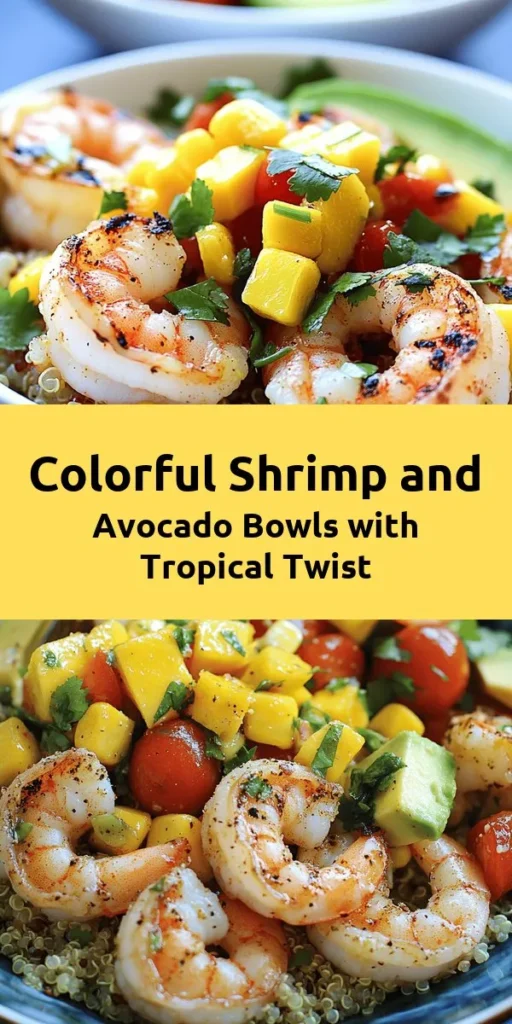 Elevate your meal with these vibrant Shrimp and Avocado Bowls topped with a refreshing Mango Salsa and zesty Lime-Chili Sauce. Perfectly spiced shrimp, creamy avocado, sweet mango, and colorful veggies come together for a healthy and delicious dinner in just 40 minutes. This recipe serves four, making it ideal for family gatherings or a cozy night in. Quick to prepare and bursting with flavor, it'll quickly become a favorite!