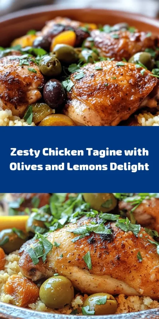 Discover the delicious flavors of this Zesty Chicken Tagine with Olives and Lemons! This easy recipe features tender chicken thighs simmered with aromatic spices like cumin, ginger, and cinnamon, combined with zesty lemon, green olives, and sweet apricots. Perfect for weeknight dinners or special occasions, serve it over fluffy couscous or rice for a complete meal. Garnish with fresh herbs for that extra touch. Enjoy this vibrant and hearty dish with your family!