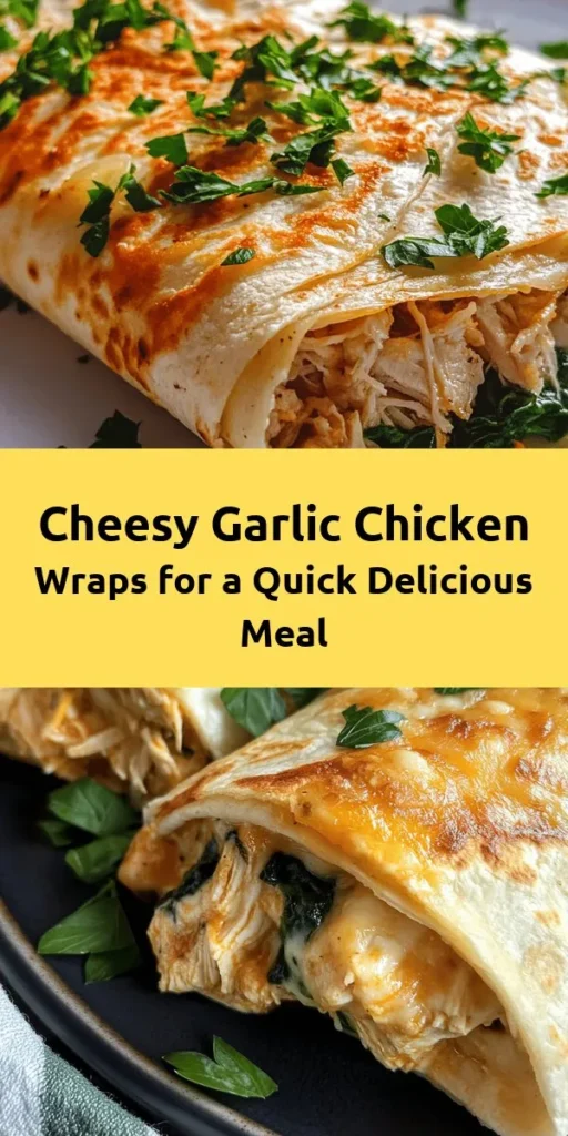 Looking for a quick and delicious meal? Try these Cheesy Garlic Chicken Wraps! Made with shredded chicken, gooey mozzarella, creamy garlic filling, and fresh spinach, these wraps are a flavor explosion in every bite. Perfect for busy weeknights, they come together in just 30 minutes. Simply mix, wrap, and cook until golden brown. Serve them warm with your favorite dipping sauce for an irresistible treat the whole family will love!