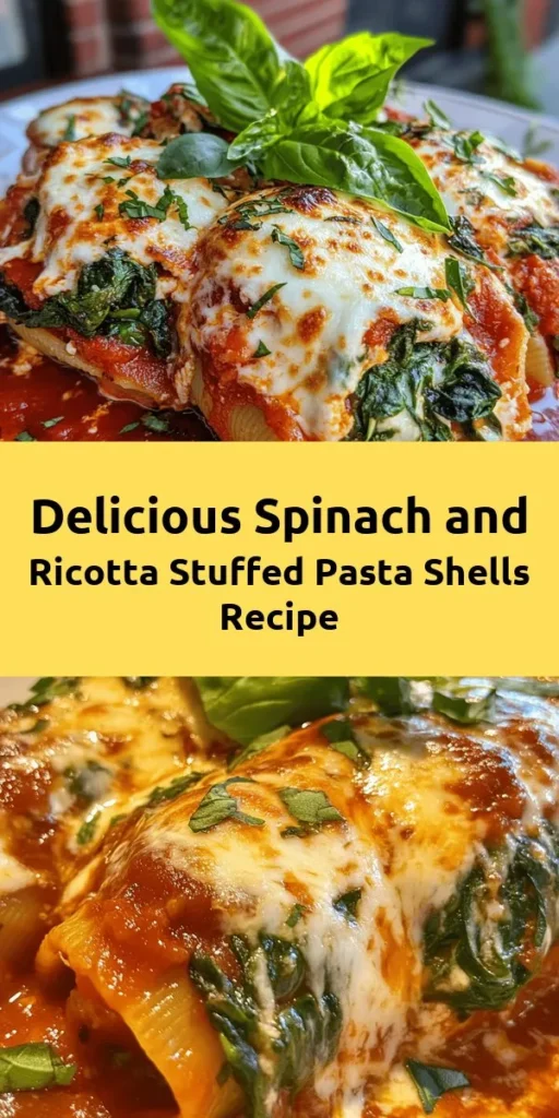 Indulge in the comforting flavors of Spinach & Ricotta Stuffed Shells Delight! This easy recipe combines jumbo pasta shells filled with a creamy mixture of fresh spinach, ricotta, and mozzarella, all baked in marinara sauce and topped with extra cheese. Perfect for family dinners or meal prep, this dish is packed with nutrients and taste. Ready in just 50 minutes, it's sure to be a new favorite. Don’t forget the fresh basil for that finishing touch!