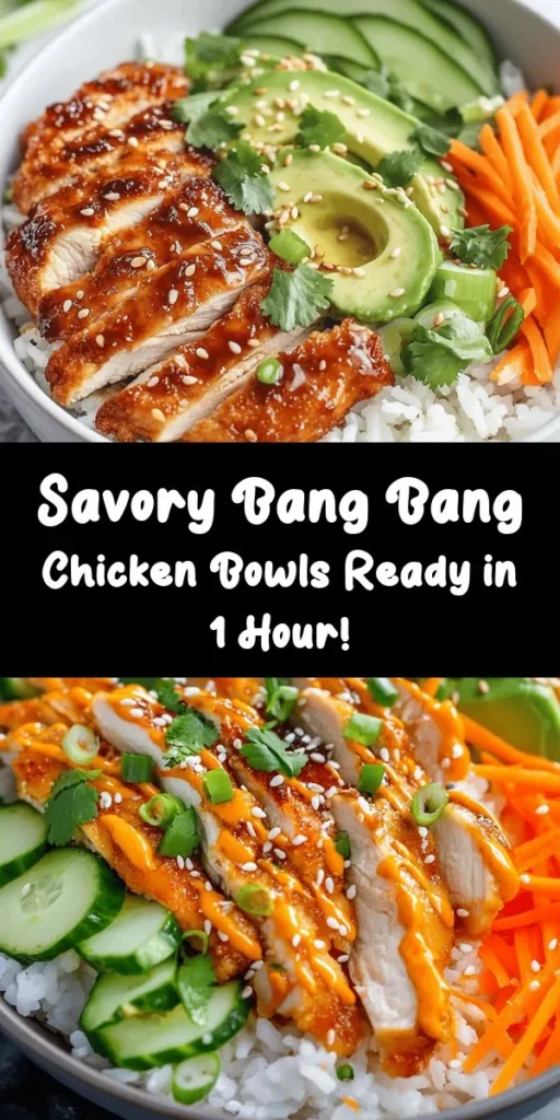 Dive into the deliciousness of Bang Bang Chicken Bowls! This mouthwatering recipe features crispy, breaded chicken thighs served over fluffy jasmine rice, topped with fresh veggies like carrots, cucumber, and avocado. The highlight is a creamy Bang Bang sauce that adds a zesty kick! Perfect for meal prep or a cozy dinner, this dish is easy to make and packs a punch of flavor. Try it today and impress your friends and family!