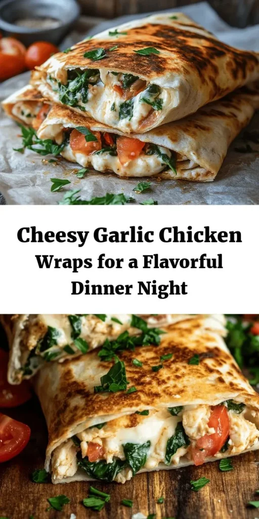 Indulge in these Cheesy Garlic Chicken Wraps that are perfect for a quick lunch or dinner! With tender shredded chicken, creamy mozzarella, and a burst of garlic flavor wrapped in soft tortillas, they're a delicious treat. Add fresh spinach and juicy tomatoes for a healthy crunch, then cook until golden brown. Serve warm with your favorite dipping sauce for a meal that’s sure to impress. Easy to make and packed with flavor, these wraps are a must-try!