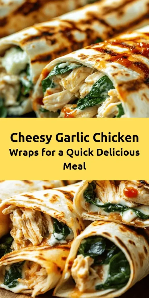Get ready to indulge in these Cheesy Garlic Chicken Wraps! Perfect for a quick lunch or dinner, this recipe combines tender shredded chicken, creamy mozzarella, and aromatics for a flavorful filling. Wrap it up with fresh spinach in warm tortillas and grill until golden brown. In just 30 minutes, enjoy a delicious meal that's comforting and easy to make. Serve with a kick of hot sauce for an extra burst of flavor!
