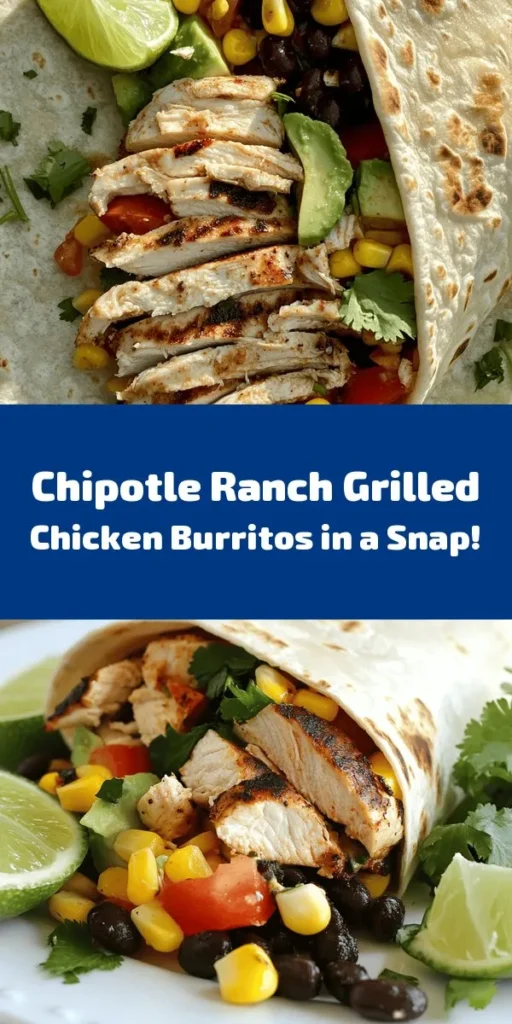 Get ready to elevate your burrito game with this Easy Chipotle Ranch Grilled Chicken Burrito! Juicy grilled chicken marinated in zesty chipotle ranch dressing is combined with a flavorful mix of rice, black beans, corn, tomatoes, and fresh cilantro. All wrapped in a warm tortilla and topped with creamy avocado and cheese, this delicious meal is perfect for lunch or dinner. Serve with lime wedges for an extra kick! Ready in just an hour. Enjoy your new favorite!