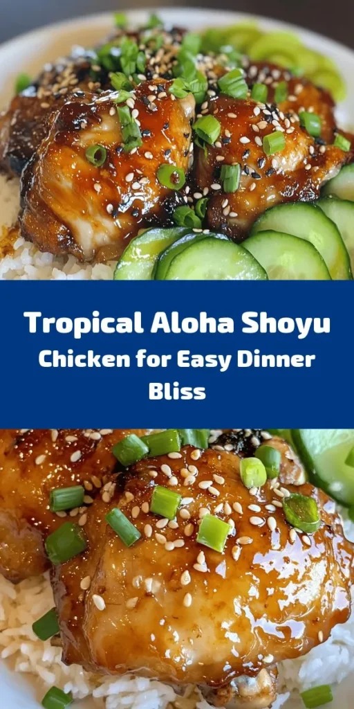 Experience the taste of Hawaii with this Aloha Shoyu Chicken Delight! This simple and flavorful recipe combines juicy chicken thighs marinated in a savory mix of soy sauce, brown sugar, garlic, and ginger. Bake until golden brown, then drizzle with a thickened sauce for extra richness. Perfectly served over rice with a side of fresh cucumbers, this dish is sure to impress. Quick to prep and packed with flavor, it's a delicious meal for any night!