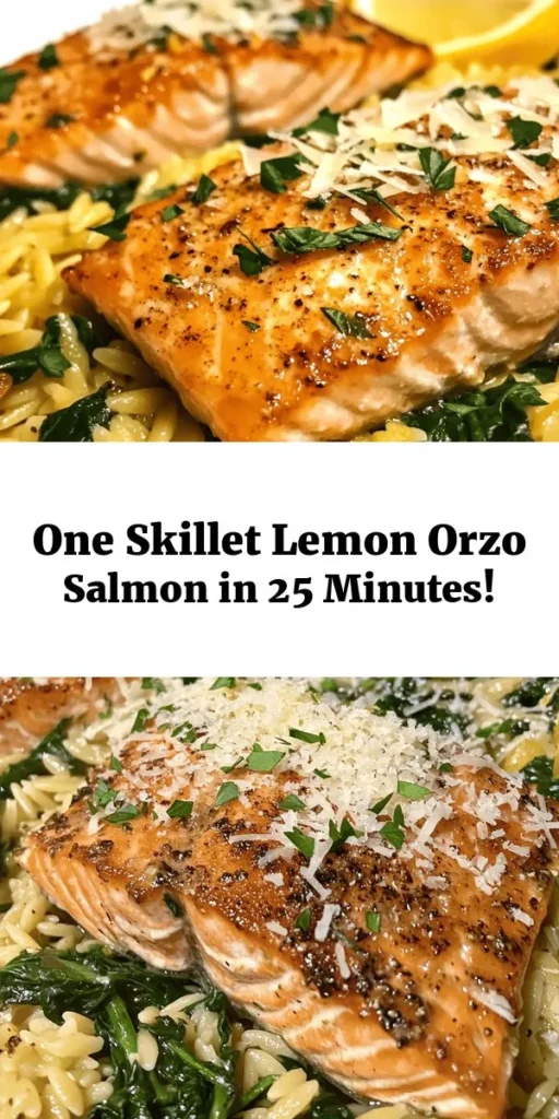 Make dinner effortless with this One Skillet Salmon with Lemon Orzo! This delicious recipe combines tender salmon fillets, zesty lemon, and creamy orzo for a flavorful meal all cooked in one pan. With just a handful of ingredients like garlic, spinach, and Parmesan cheese, you can whip up a nutritious dinner in just 25 minutes. Perfect for busy weeknights, it’s sure to become a family favorite. Give it a try and enjoy a burst of citrusy goodness!