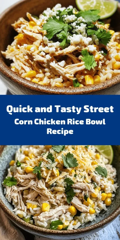 Savor the flavors of summer with this Easy Street Corn Chicken Rice Bowl! Packed with juicy shredded chicken, sweet corn, zesty lime, and fresh cilantro, this dish is as colorful as it is delicious. In just 15 minutes, you can whip up a satisfying meal that's perfect for any occasion. Top it off with crumbled cheese for an extra layer of flavor. This bowl is all about fresh ingredients and simple steps, making it a family favorite. Enjoy a taste of the street!