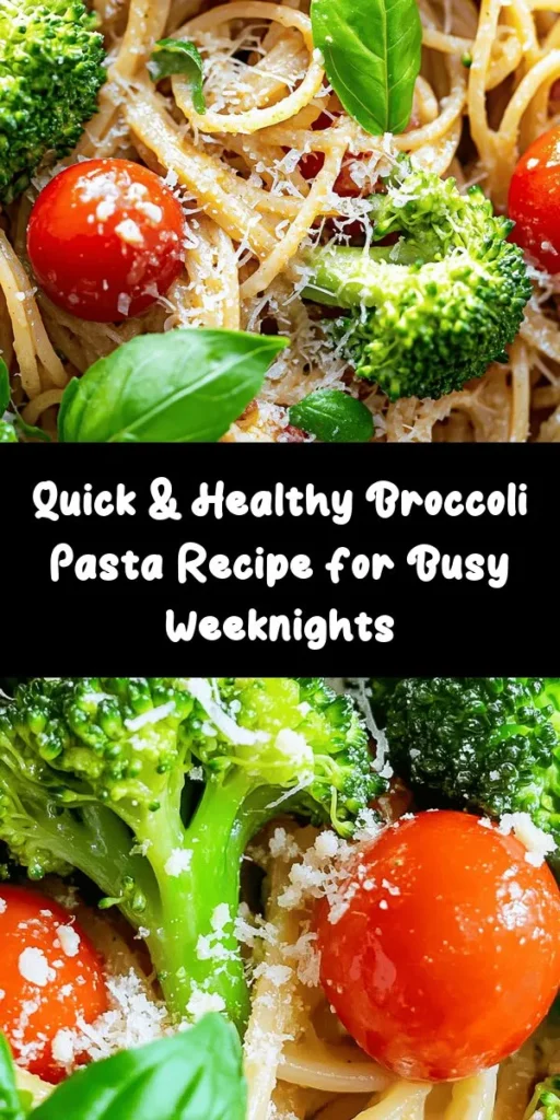 Discover the joy of a quick and nutritious meal with this Easy Healthy Broccoli Pasta! Perfect for busy weeknights, this delicious dish combines whole wheat pasta, fresh broccoli, and cherry tomatoes, all tossed in a fragrant garlic olive oil. With optional red pepper flakes for a bit of heat and Parmesan cheese for richness, it's a crowd-pleaser. Ready in just 20 minutes, it serves four and makes healthy eating simple and satisfying. Enjoy!