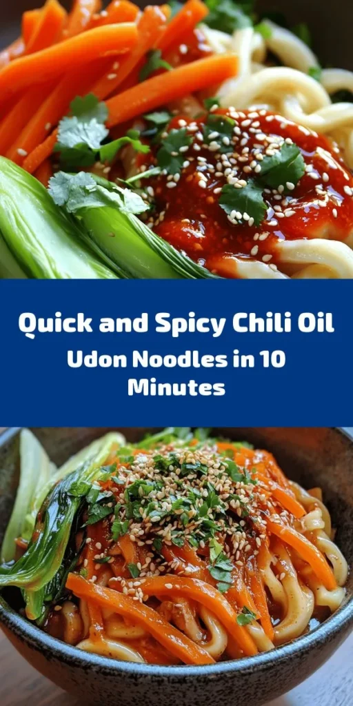 Craving a quick and flavorful meal? Try these 10-Minute Chili Oil Udon Noodles! Made with fresh udon noodles and a spicy chili oil sauce, this dish brings together sautéed garlic, ginger, crisp veggies, and the perfect blend of savory flavors. It’s ready in just 10 minutes, making it a perfect choice for a busy weeknight dinner. Garnish with sesame seeds and fresh cilantro for a delicious finish. Enjoy a bowl of comfort food that’s both satisfying and easy!