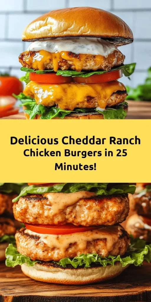 Whip up these Easy Cheddar Ranch Chicken Burgers for a tasty meal that everyone will love! Made with ground chicken, cheesy goodness, and zesty ranch dressing, these burgers are quick to prepare and packed with flavor. Perfect for a weeknight dinner or a weekend BBQ, just mix, shape, and grill! Serve on toasted buns with fresh lettuce and tomatoes, plus a drizzle of extra ranch for the ultimate bite. Enjoy a delicious twist on your favorite burger!