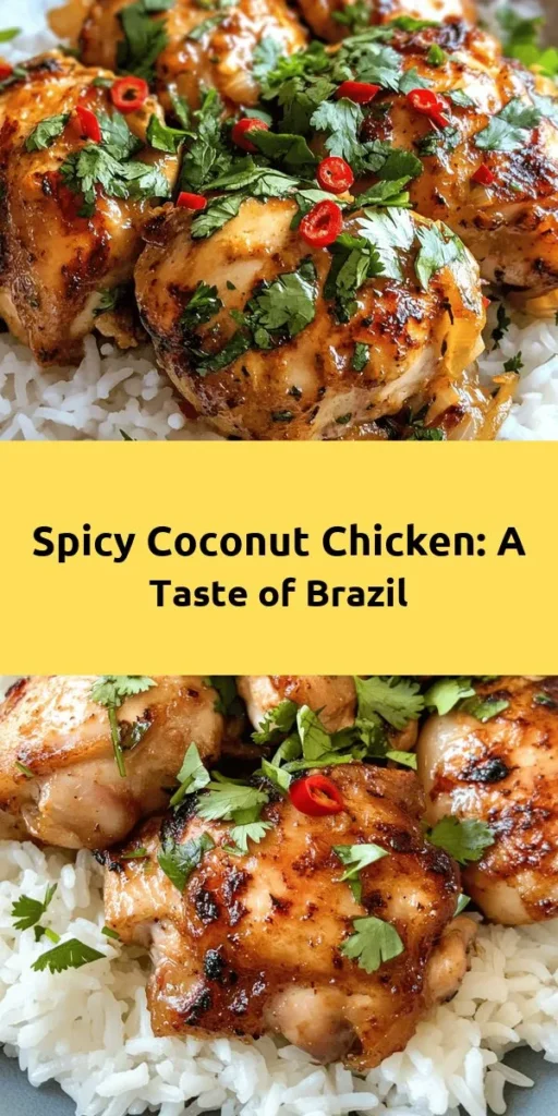 Dive into the flavors of Brazil with this Spicy Brazilian Coconut Chicken! This dish features tender chicken thighs marinated in a creamy coconut milk sauce with a kick of fresh chili peppers. It's easy to prepare, with sautéed onions and garlic bringing depth to the dish. Cooked to perfection, serve it over fluffy white rice and garnish with fresh cilantro for a vibrant finish. Perfect for a weeknight dinner or impressing guests! 🌶️🇧🇷