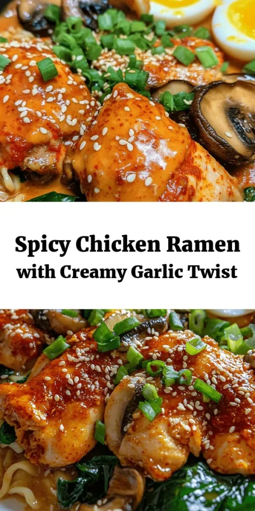 Spice up your dinner with this delicious Fiery Chicken Ramen featuring a rich and creamy garlic sauce! Made with tender chicken marinated in gochujang and sriracha, and combined with flavorful mushrooms, baby spinach, and hearty ramen noodles, this comforting dish is sure to impress. Ready in just 40 minutes, it's perfect for a quick weeknight meal. Optional soft-boiled eggs make it even more indulgent. Enjoy a bowl full of warmth and flavor tonight!