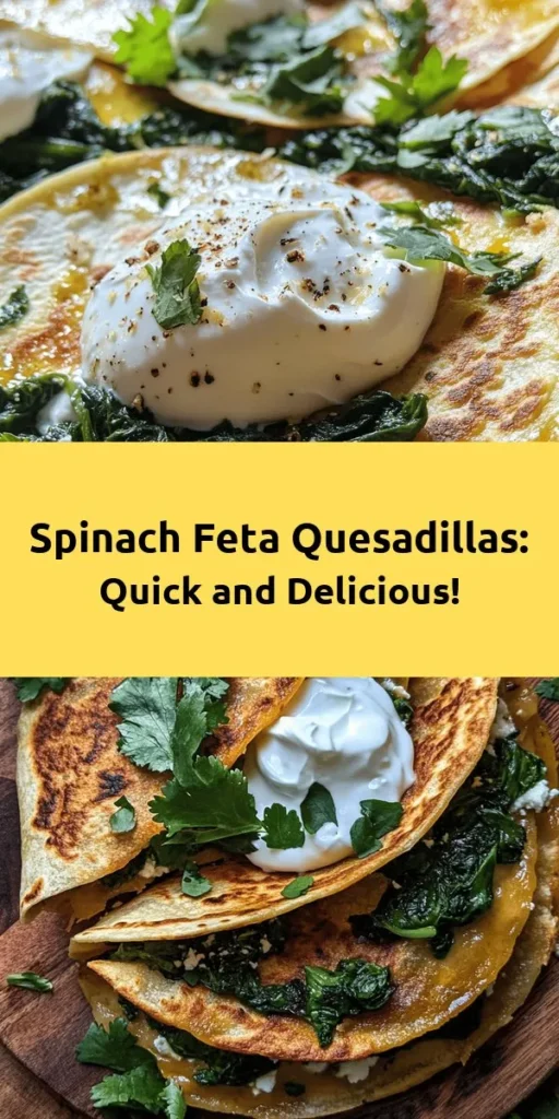 Looking for a quick and delicious meal? Try these Spinach and Feta Quesadillas! Packed with fresh spinach, crumbled feta, and gooey mozzarella, they’re perfect for lunch or a light dinner. With just a few simple ingredients and 20 minutes of your time, you can whip up these tasty quesadillas. Serve with sour cream or Greek yogurt for an extra creamy touch. Your taste buds will thank you! Enjoy this healthy spin on a classic!