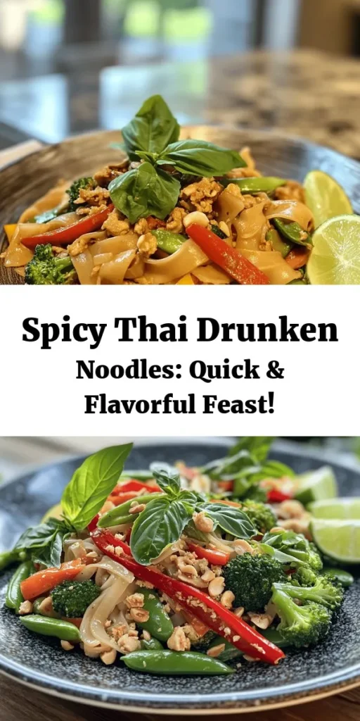 Dive into this delicious Spicy Thai Drunken Noodles recipe! This flavorful dish combines wide rice noodles with a medley of fresh vegetables like bell pepper and broccoli, all tossed in a zesty sauce made from soy, oyster, and fish sauce. Add a kick with bird's eye chilies and finish off with fragrant Thai basil. Perfect for a quick meal, it's ready in just 30 minutes and serves 2-3. Enjoy the perfect blend of spice and savory goodness!