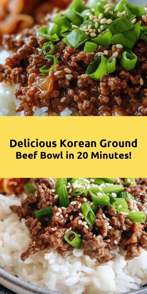 Discover the deliciousness of this Korean Ground Beef Bowl! This quick and easy recipe combines juicy ground beef with a flavorful mix of soy sauce, brown sugar, garlic, and ginger. Ready in just 20 minutes, it’s perfect for busy weeknights. Serve over rice and top with sesame seeds and green onions for a meal that’s as satisfying as it is tasty. Optional kimchi on the side adds an extra zing! Enjoy this mouthwatering dish tonight!