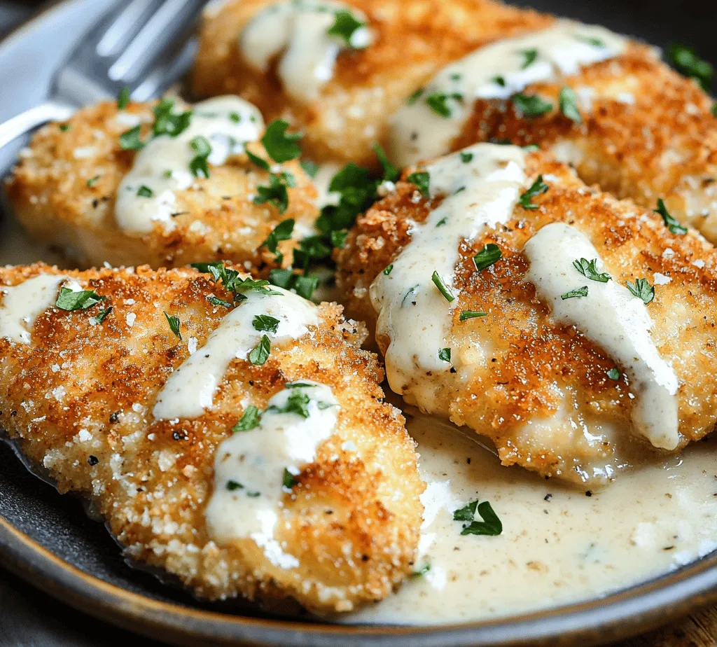Crispy Parmesan Chicken with a Dreamy Garlic Cream Sauce is a dish that captivates the senses with its enticing aroma and irresistible crunch. This dish perfectly balances the savory flavors of tender chicken breast with a creamy, garlicky sauce that adds a luxurious touch. Each bite is a delightful combination of textures: the crispy exterior gives way to juicy, succulent chicken, and the rich sauce envelops everything in a comforting embrace.