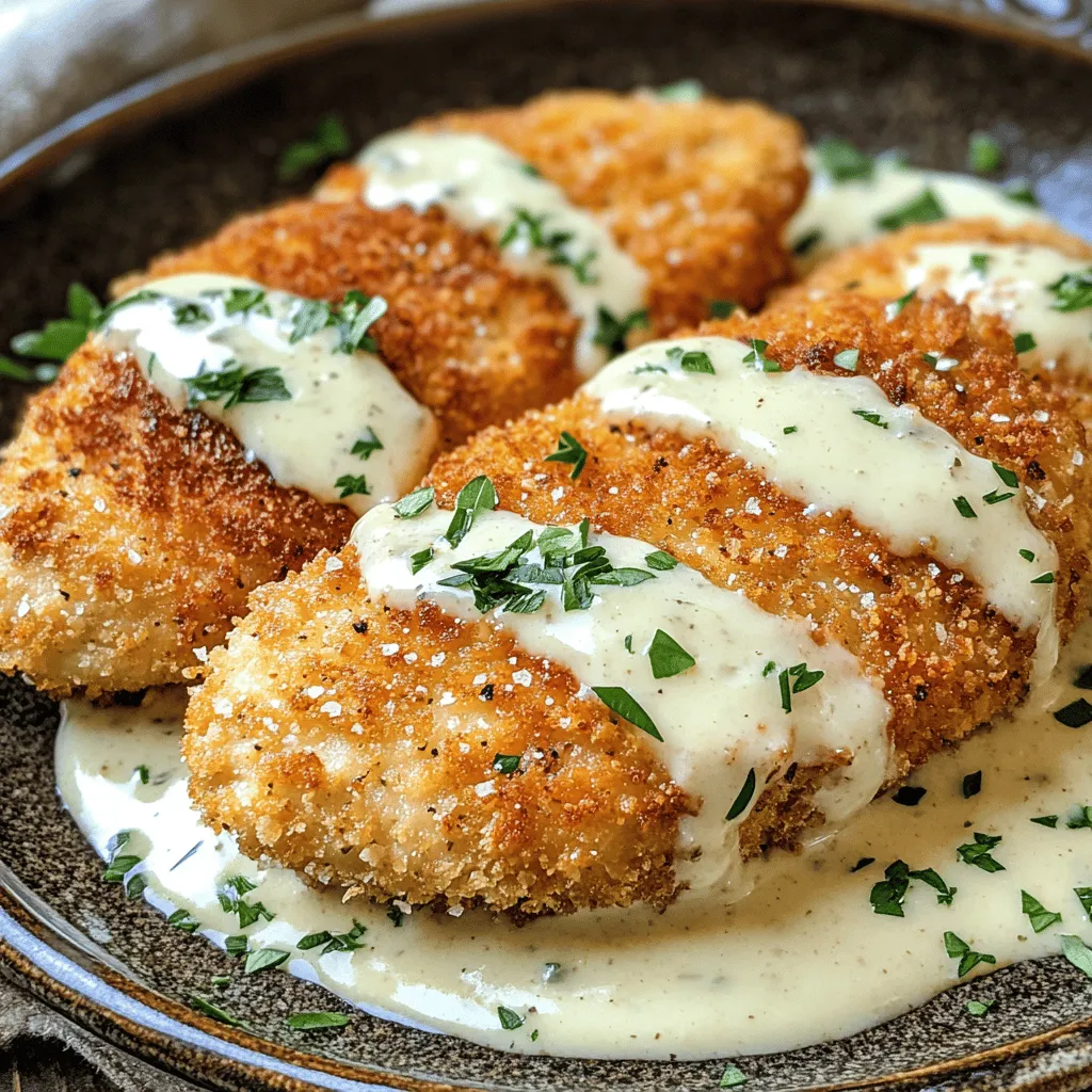 Crispy Parmesan Chicken with a Dreamy Garlic Cream Sauce is a dish that captivates the senses with its enticing aroma and irresistible crunch. This dish perfectly balances the savory flavors of tender chicken breast with a creamy, garlicky sauce that adds a luxurious touch. Each bite is a delightful combination of textures: the crispy exterior gives way to juicy, succulent chicken, and the rich sauce envelops everything in a comforting embrace.