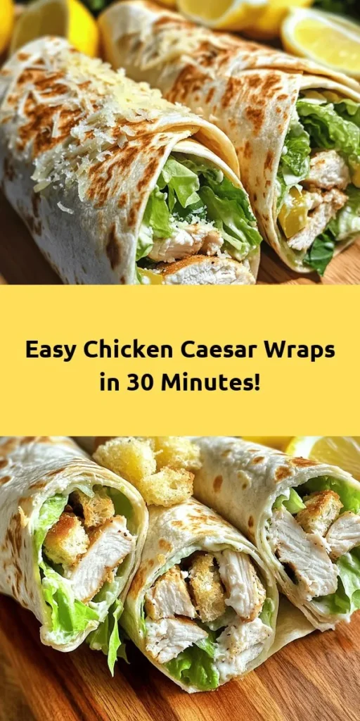 Try this quick and delicious Chicken Caesar Delight wrap for a perfect lunch or dinner! Loaded with tender shredded chicken, fresh romaine, creamy Caesar dressing, and topped with crunchy croutons and Parmesan cheese, this easy recipe takes just 30 minutes to prepare. Simply mix your favorite ingredients, wrap them in a flour tortilla, and enjoy. For an extra crunch, grill the wraps until golden brown. Serve with lemon wedges to brighten the flavors!