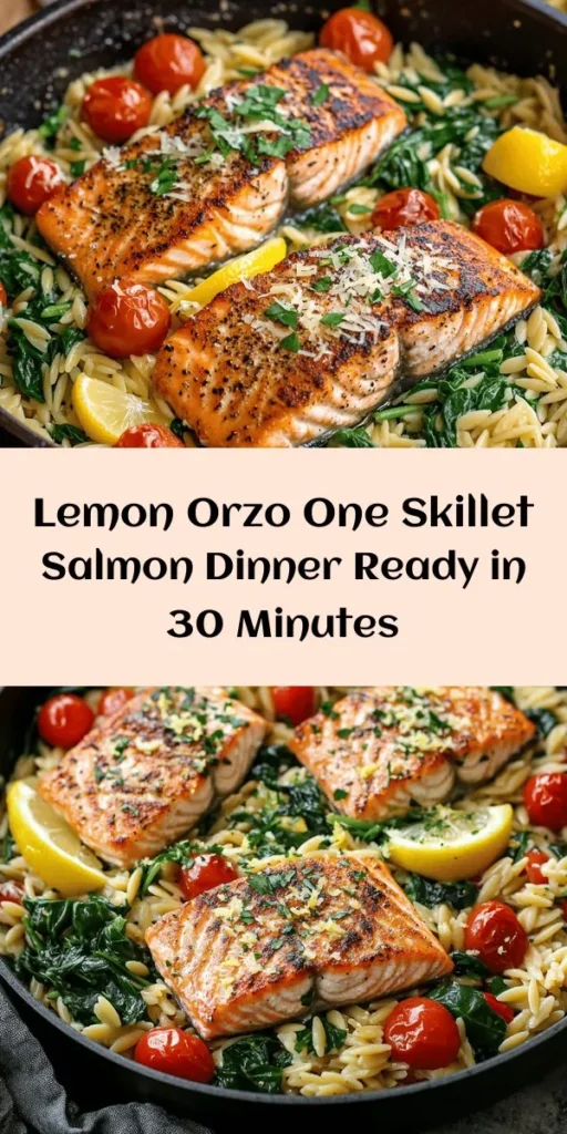 Savor the delicious flavors of One Skillet Salmon with Lemon Orzo! This easy recipe combines perfectly seared salmon fillets with zesty lemon orzo, cherry tomatoes, and fresh spinach, all cooked in one skillet for minimal cleanup. Ready in just 30 minutes, it’s perfect for a quick weeknight dinner or an impressive meal for guests. Add a sprinkle of Parmesan and fresh parsley for a vibrant finish. Enjoy a healthy, flavorful dish that’s sure to please!