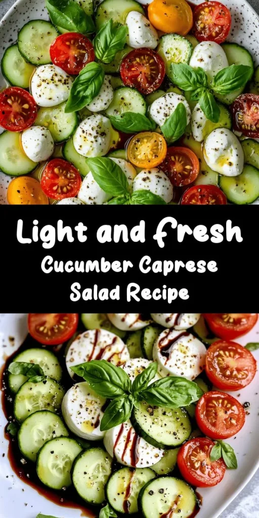 Beat the heat with a refreshing Cucumber Caprese Salad! This vibrant dish features crunchy cucumbers, creamy fresh mozzarella, and juicy cherry tomatoes, all tossed with fragrant basil. Drizzle with a simple dressing of olive oil and balsamic vinegar for a burst of flavor. Perfect as a light lunch or a side dish for summer gatherings. Quick to make in just 15 minutes, it's a delightful way to enjoy fresh ingredients. Dive into this deliciousness!