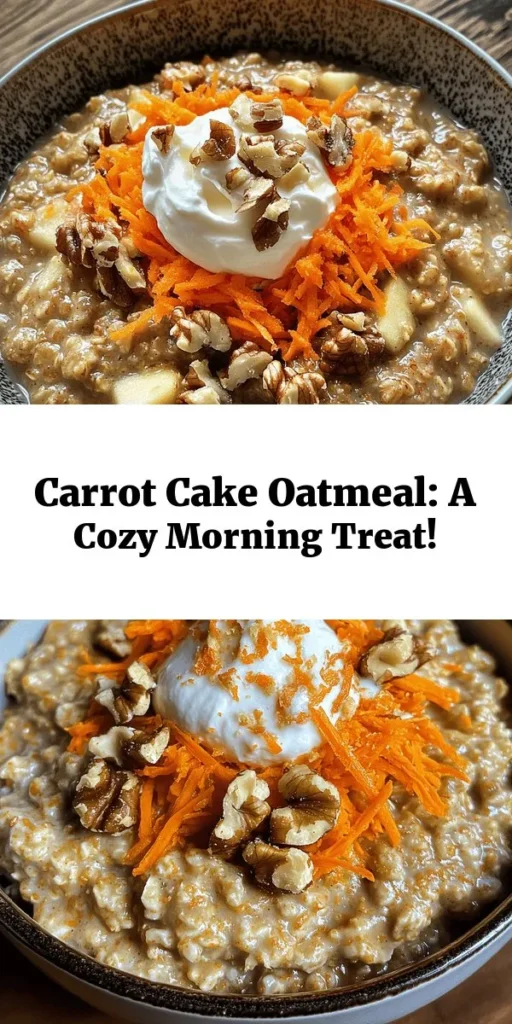 Start your day with this delicious Carrot Cake Oatmeal Delight! Packed with health benefits and flavors, this cozy breakfast combines rolled oats, grated carrots, and apples, all simmered in almond milk. With warm spices like cinnamon and nutmeg, plus sweet additions like maple syrup and raisins, it’s a hearty way to indulge your sweet tooth. Top it off with cream cheese and walnuts for a delightful twist! Perfect for a wholesome morning treat.