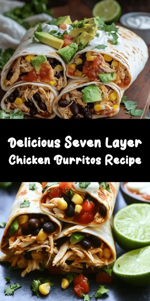 Satisfy your cravings with these delicious Seven Layer Chicken Burritos! Packed with shredded chicken, black beans, corn, avocado, lettuce, tomatoes, and cheese, all wrapped in warm tortillas, this recipe is perfect for a quick meal. Customize it with your favorite salsa and sour cream, then garnish with fresh cilantro and lime. Whip up these burritos in just 30 minutes—great for busy weeknights or any gathering! Enjoy a flavor-packed bite!
