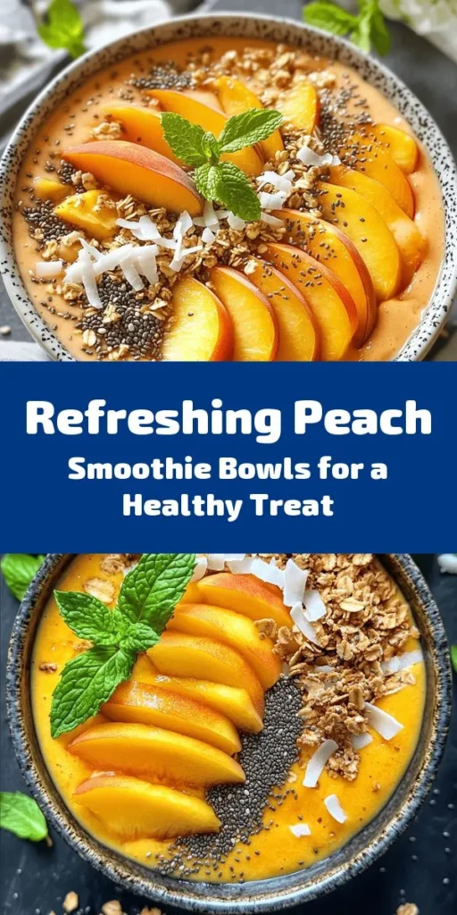 Indulge in the refreshing and nutritious Peach Smoothie Bowls! This easy recipe combines ripe peaches, frozen banana, creamy Greek yogurt, and almond milk for a deliciously smooth texture. Top your bowls with fresh peaches, crunchy granola, chia seeds, toasted coconut flakes, and mint leaves for a burst of flavor and texture. Perfect for breakfast or a snack, these smoothie bowls can be whipped up in just 10 minutes. Dive into a deliciously healthy treat today!
