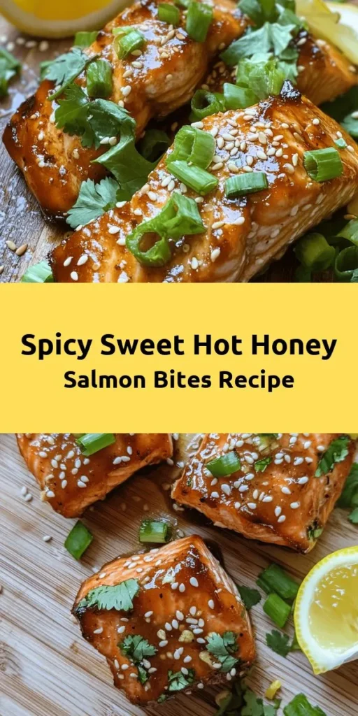 Elevate your dinner table with these irresistible Hot Honey Salmon Bites! Perfectly seasoned and marinated in a sweet and spicy glaze, these bite-sized treats are easy to make and baked to flaky perfection. Garnished with sesame seeds, green onions, and fresh cilantro, they’re sure to impress. Serve with lemon wedges for that extra pop of flavor. With just 35 minutes of total prep and cook time, they make a delightful weeknight meal or party appetizer. Enjoy!