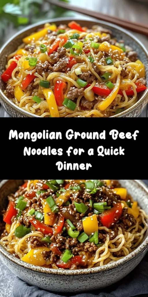 Satisfy your cravings with this quick and delicious Mongolian Ground Beef Noodles recipe! In just 30 minutes, you can whip up a flavorful dinner featuring juicy ground beef, succulent bell peppers, and carrots, all tossed with savory sauces. Perfect for busy weeknights, this dish combines tender egg noodles with aromatic garlic, ginger, and a hint of sweetness. Don't forget to garnish with green onions and sesame seeds for an extra touch! Enjoy your culinary adventure!