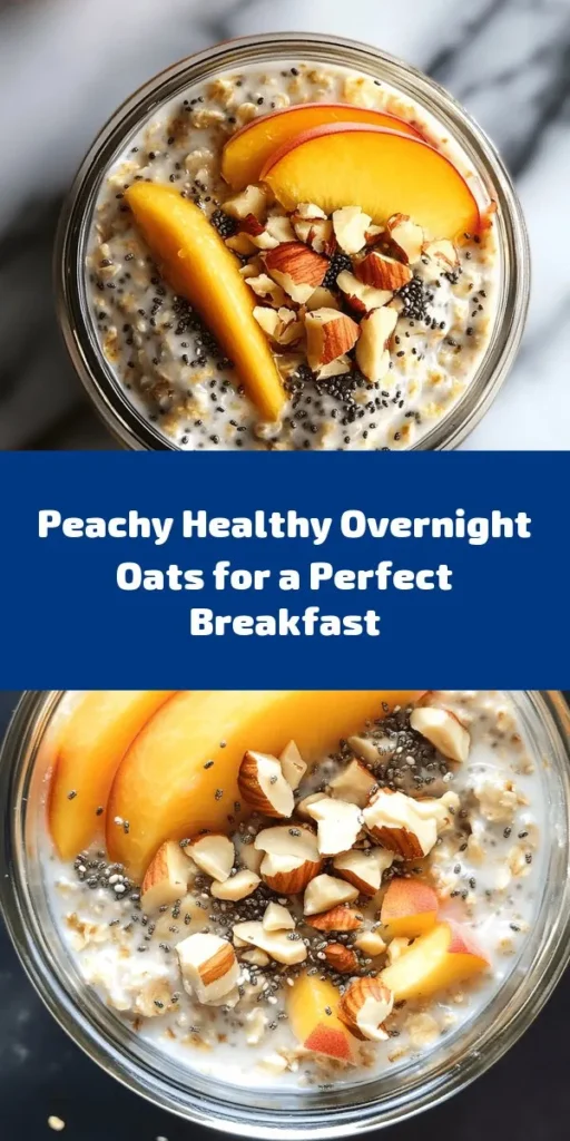 Start your day right with these irresistible healthy overnight oats featuring juicy peaches! This easy recipe combines rolled oats, almond milk, fresh peaches, chia seeds, and a hint of cinnamon, all mixed together and left to soak overnight for a delightful, creamy breakfast. Customize with Greek yogurt for added richness or top with nuts for a satisfying crunch. Perfect for meal prep, just grab and go in the morning! Enjoy a nutritious and delicious start to your day!